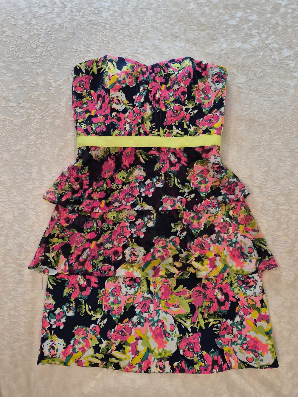 Badgley Mischka Women's Floral Strapless Tiered Dress with Neon Accent